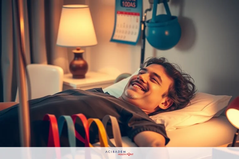 The pancreatic cancer pain new research A person is lying in a hospital bed, smiling. The environment around the bed includes medical equipment and the colors are mostly cool tones of white, blue, and gray. This suggests that the patient may be receiving treatment or recovering from an illness.