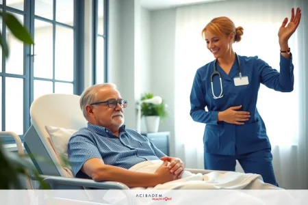 The pancreatic cancer prevention therapy A hospital room with a doctor and patient. The man is on an examination table, talking to the doctor. He's wearing glasses and has a mustache.