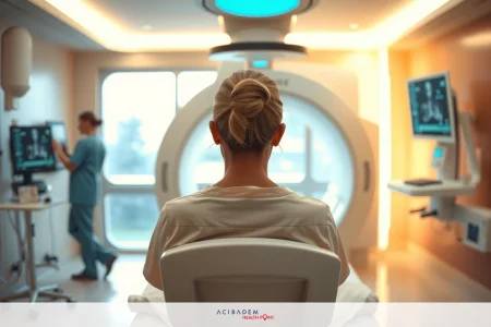 This is an image of a medical setting, specifically within an MRI suite. There is a patient lying on a bed that slides into the circular opening for imaging.