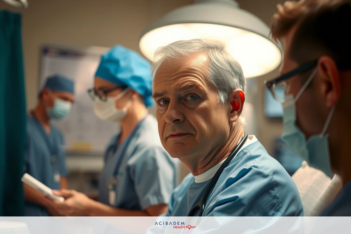 The image depicts a medical setting with several doctors and nurses in scrubs. The focus is on one individual who appears to be a man with a serious expression, possibly the patient or another doctor observing the situation.