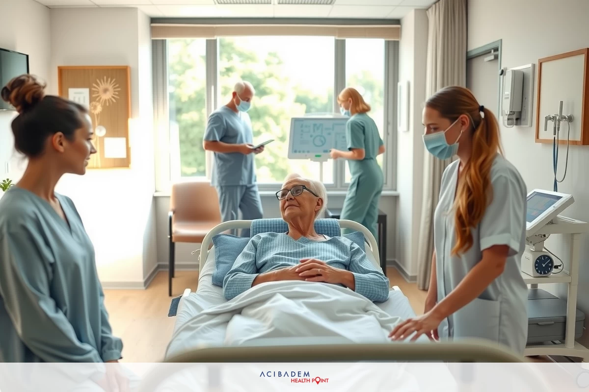 Medical team in a hospital room, standing around patient on a bed. They are attentively observing or discussing the patient's condition. The room is equipped with medical equipment.