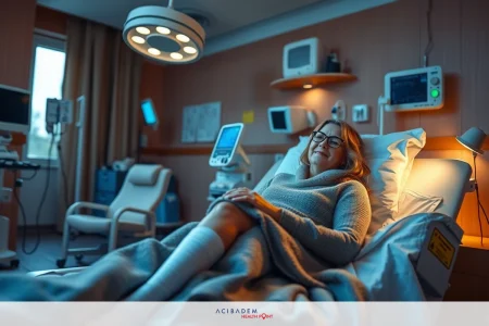 The Bickerstaff Encephalitis: An Overview A woman is lying in a hospital bed, smiling. The environment suggests it's a healthcare facility with medical equipment such as an ECG monitor, ventilator, and other monitors. She's probably bandaged as if she had knee surgery.
