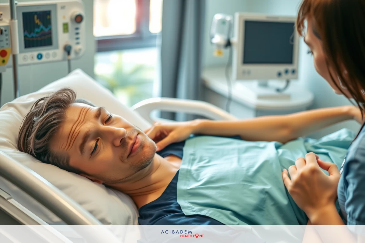 The image shows a man lying in a hospital bed, being attended to by a medical professional who appears to be a nurse. The man is shaved and wearing hospital attire. Medical equipment such as a heart monitor can be seen nearby on the wall. This scene suggests a routine medical checkup or treatment being carried out in a healthcare setting.