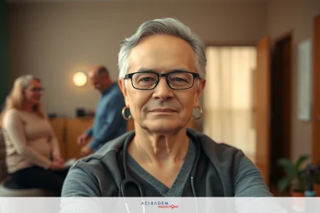 The image depicts an older adult taking a selfie. The woman has white hair and is wearing glasses.