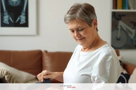 An elderly woman sitting on a sofa, looking at her hand, possibly holding a walking stick. The room is indoors with a couch, and there's artwork on the wall in the background.