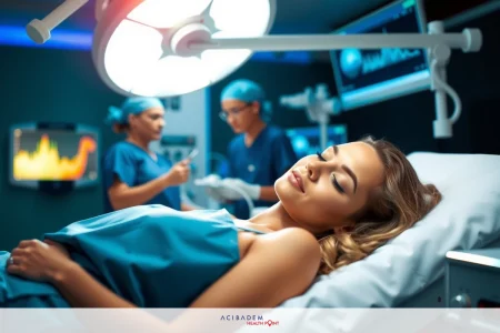 A woman is lying on a hospital bed during surgery, wearing medical attire. Medical professionals surround her and are focused on the procedure.