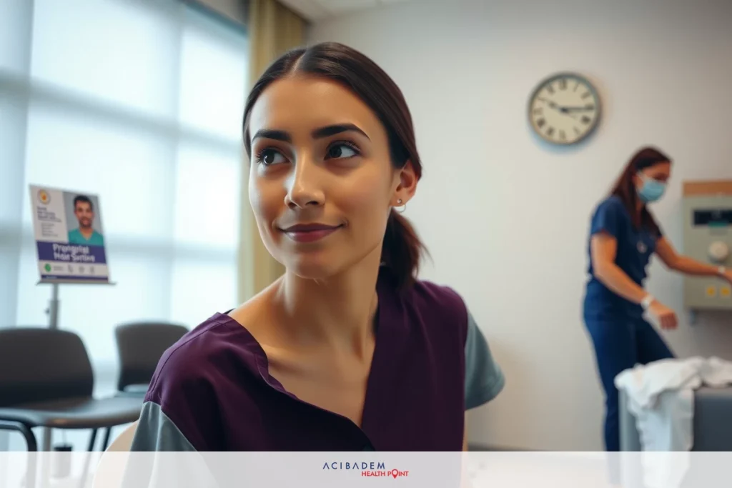 The Benadryl and Croup: Is It a Safe Antihistamine Option? In the image, a woman is in what appears to be a medical setting. She is seated and wearing a medical gown with her hair tied back. Her expression seems contemplative as she looks towards her left.