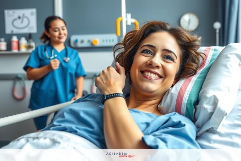 The image shows a hospital setting with two women. One woman is lying in a hospital bed and smiling . The other woman, wearing scrubs, stands beside her, also smiling and looking towards the patient.