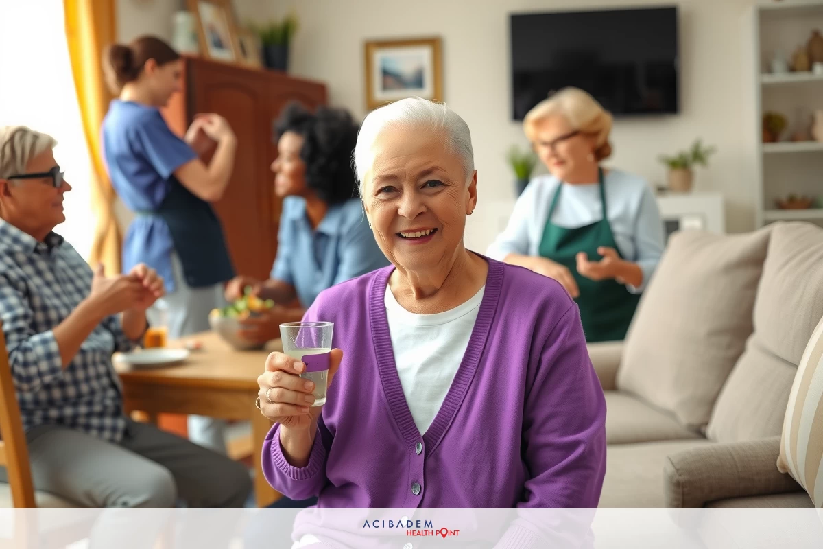 The image shows an elderly woman sitting in a living room, holding a wine glass and smiling. She is wearing a purple cardigan and appears to be enjoying the company of others.