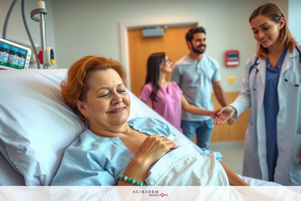 The image shows an elderly woman in a hospital bed, surrounded by medical staff. The woman is smiling and appears to be the central subject of the photo.