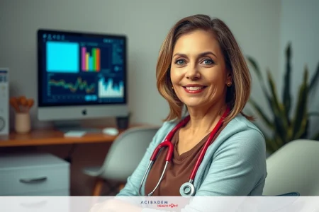 The image features a female medical professional, likely a doctor or nurse, wearing a white coat with the stethoscope around her neck.