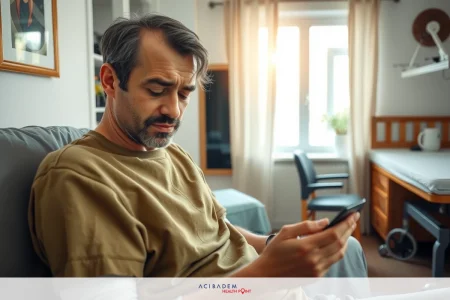 The pancreatic cancer test cure rate A man in a gray shirt, sitting on a couch, looking at his cellphone. The room has a neutral color scheme with natural light coming through a window.