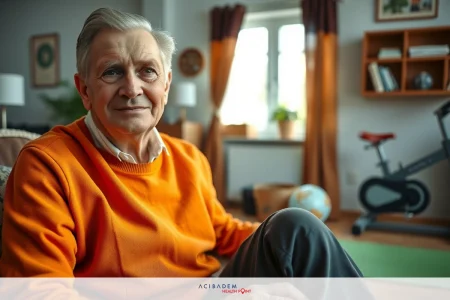 An older gentleman is sitting comfortably in a living room with exercise equipment around him.