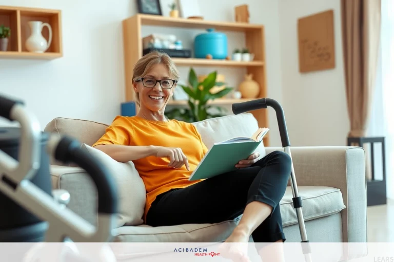 Woman in glasses sitting comfortably on couch with legs crossed, smiling at a book she's reading, surrounded by home furnishings including shelves and potted plant.