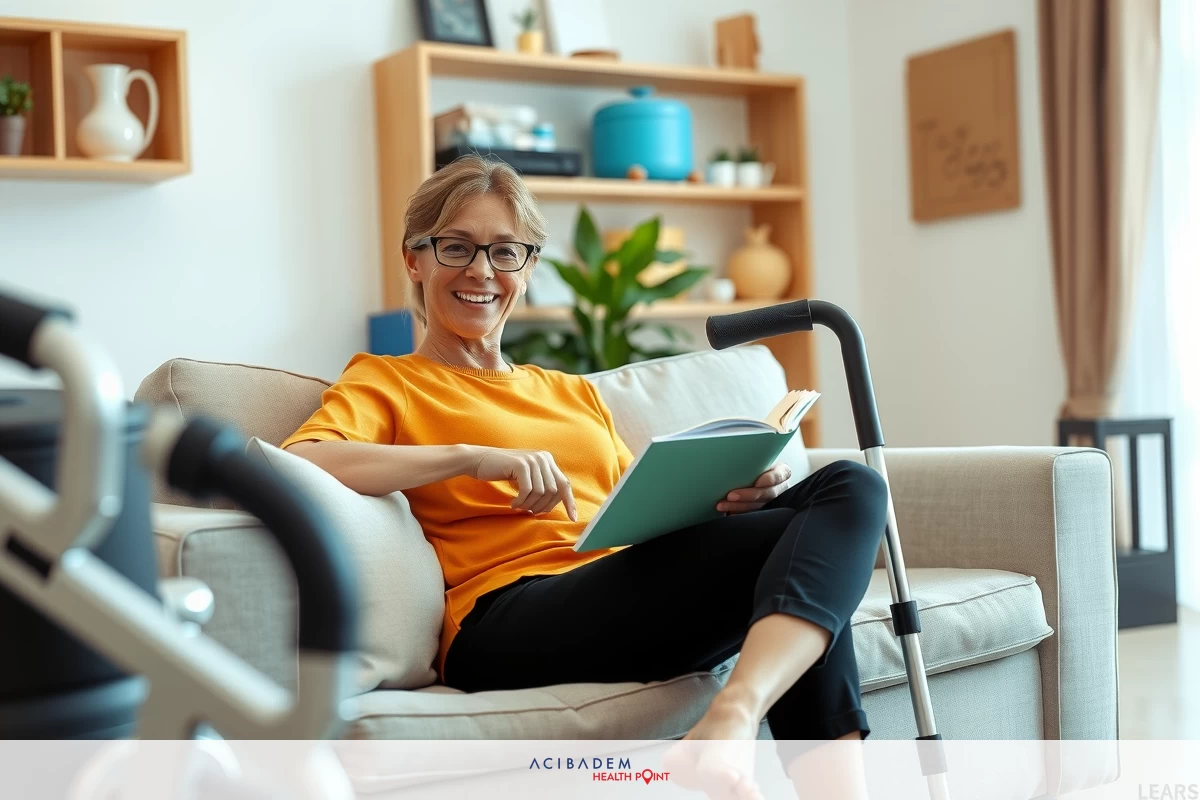 Woman in glasses sitting comfortably on couch with legs crossed, smiling at a book she's reading, surrounded by home furnishings including shelves and potted plant.