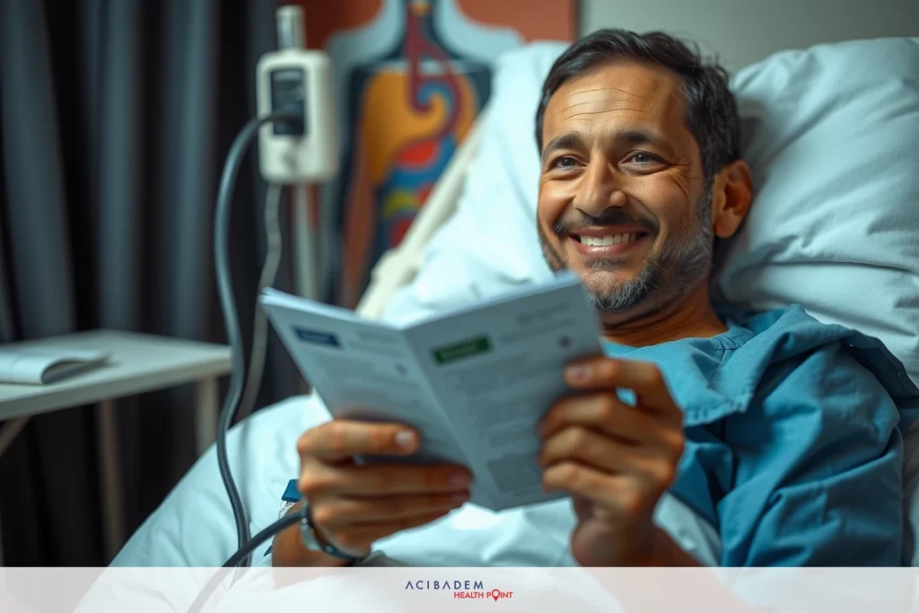 A man in a hospital bed, smiling and holding a magazine with his hands, reading or examining it. He is wearing medical attire and appears relaxed despite being in a healthcare setting.