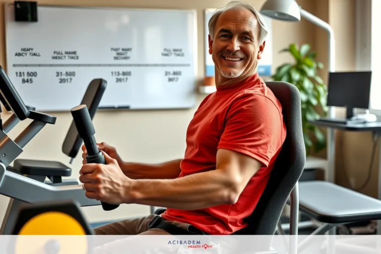 The cancer cure risk success rate Man in red shirt sitting on exercise bike. He is smiling and appears to be engaging with the machine's controls. The background shows a gym environment, with other fitness equipment visible and a large whiteboard displaying various statistics.