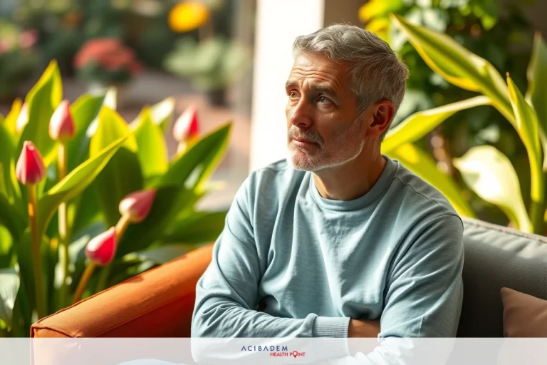 The image shows a middle-aged man sitting in a room with indoor plants. He is wearing a long-sleeved light blue shirt facial expression appears to be one of concern or worry.