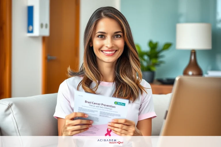 A woman sitting in an office environment, holding a piece of paper with information on breast cancer awareness. She is smiling and appears to be sharing or discussing the content of the document with a viewer. The room has modern decor with a couch and a desk visible.