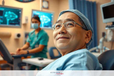 The image depicts a hospital setting, possibly an operating room or medical examination area. A male patient is visible, lying down with his eyes closed, possibly indicating he is under sedation or sleeping during the procedure.