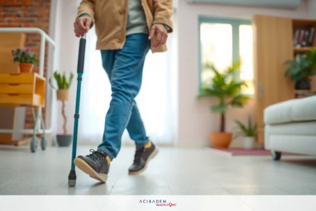 The image shows a person walking with the aid of a cane, which suggests mobility assistance.