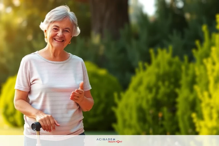 The cancer diagnosis diagnosis This is an image of a smiling, elderly woman with white hair. She appears to be outdoors, walking around and enjoying herself. She is using a cane for support and seems to be in good spirits.