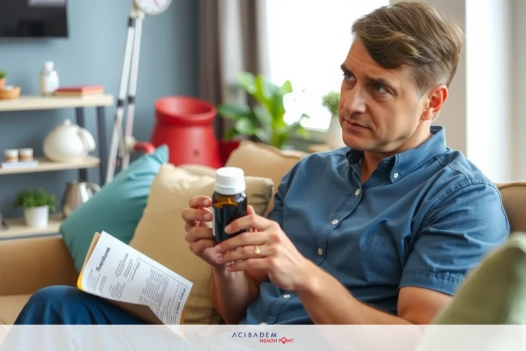 Scleroderma how to diagnose explained Man seated on a couch with bottle of medication in hand. He is reading papers and holding the prescription bottle close to his face, possibly discussing or checking the contents. The room appears cozy with decorative elements like plants and artwork.