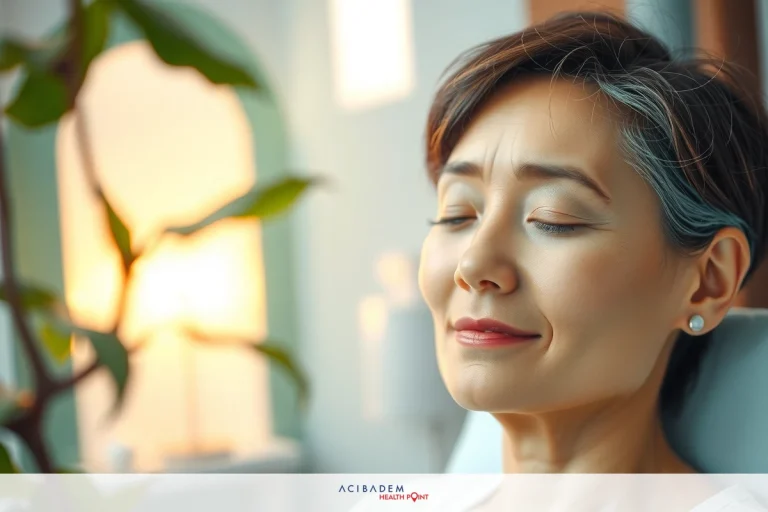 A woman with a relaxed expression, sitting down, eyes closed and resting. Her hair is short. The setting appears to be indoors, possibly a living space, with soft lighting creating a peaceful atmosphere.