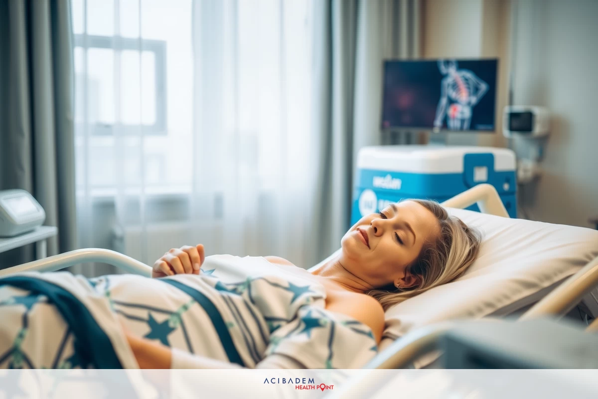 The image features an interior hospital room. A female patient is lying on a hospital bed, appearing calm and resting. Her medical equipment includes monitors attached to her.