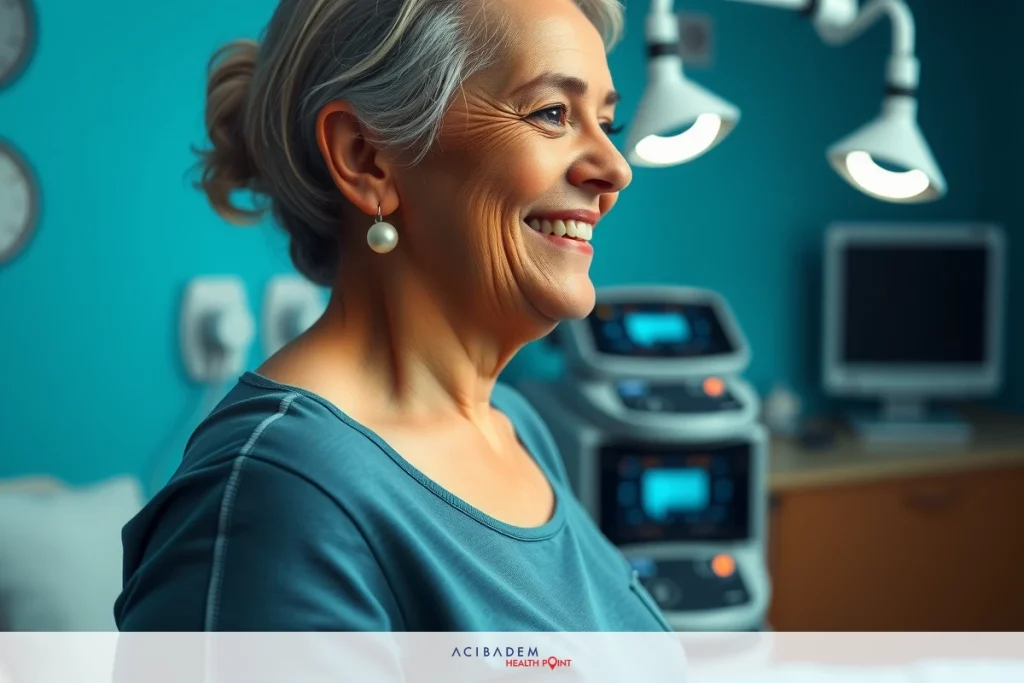 The image features a woman sitting on a hospital bed. She is smiling and appears to be in good spirits, possibly expecting or receiving medical attention.