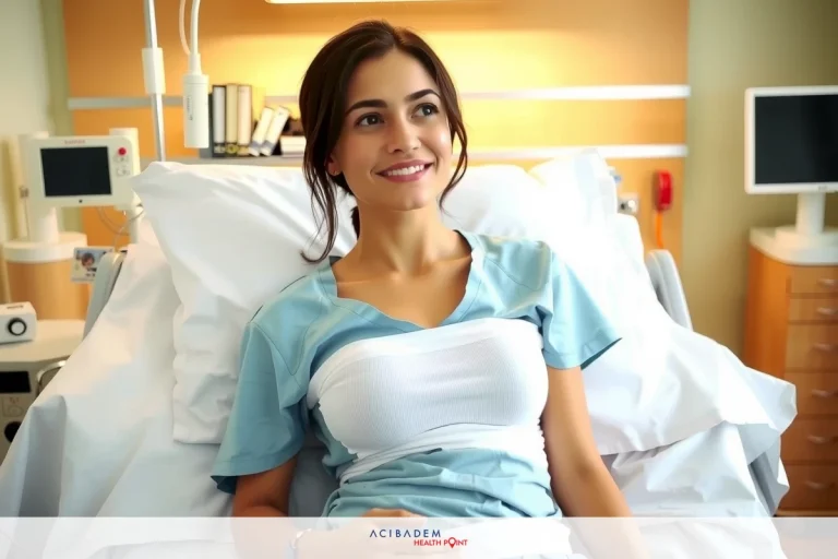 The Scleroderma diagnosis overview A pregnant woman in a medical environment, smiling and sitting on the bed. She is wearing a hospital gown and has medical equipment around her.