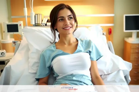 A pregnant woman in a medical environment, smiling and sitting on the bed. She is wearing a hospital gown and has medical equipment around her.