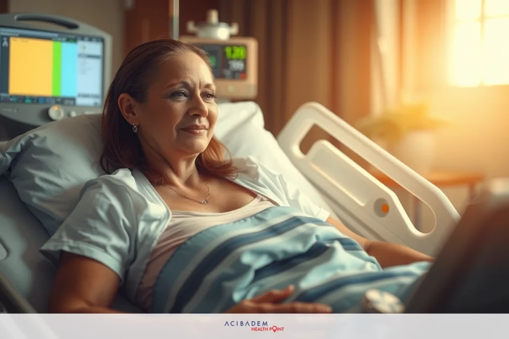 Hospital setting with a pregnant woman in bed, smiling at the camera. The environment is clean and brightly lit.