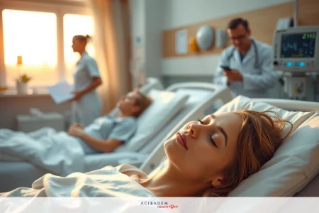 An image depicts a hospital setting with several patients lying in beds. There are nurses and doctors attending to the patients, contributing to an atmosphere of medical care.