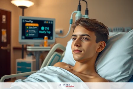 Light Sensitivity – Warning Signs to Watch For The image depicts a young man lying in a hospital bed, connected to medical monitoring equipment. The setting suggests a clinical environment with medical instruments.