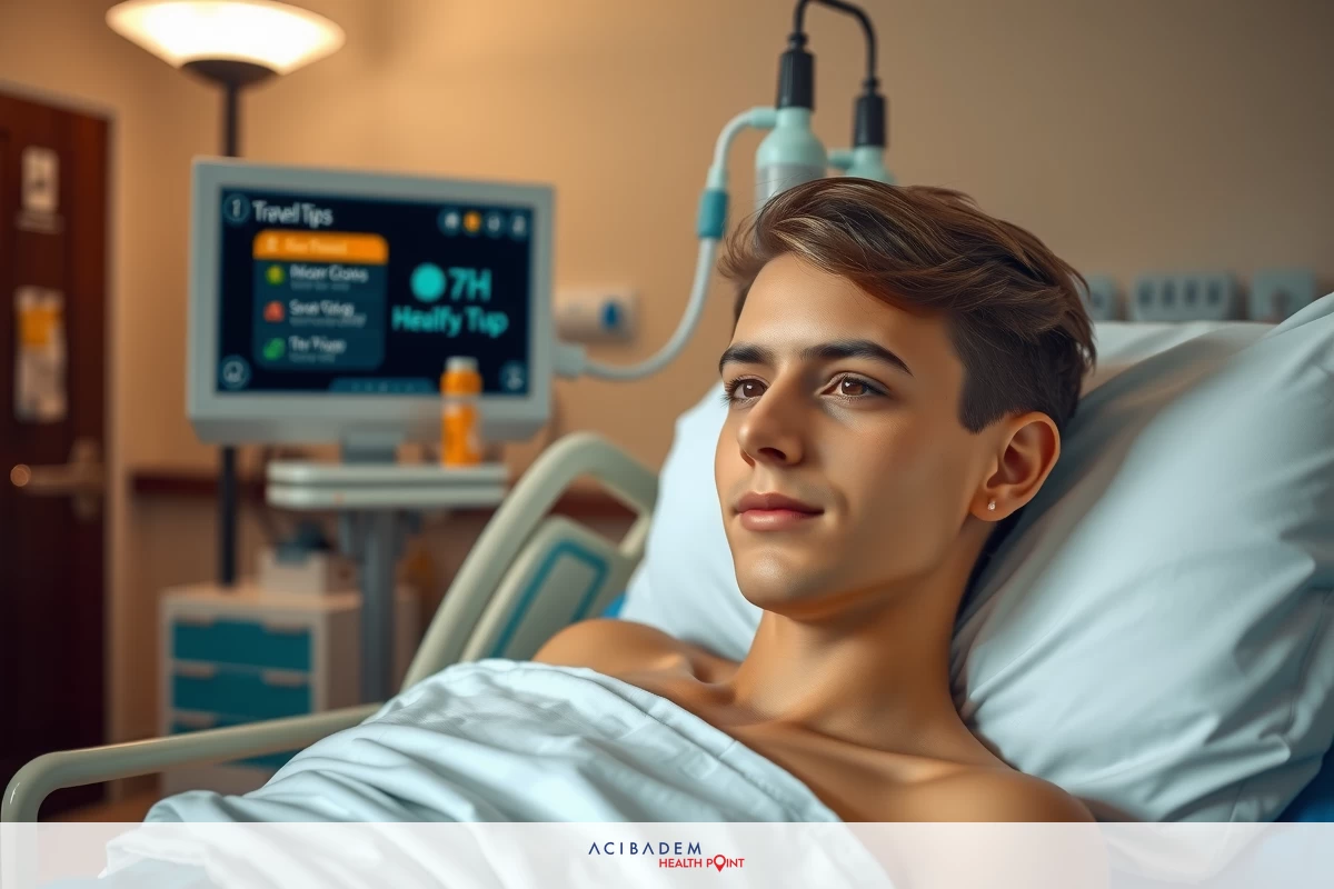 The image depicts a young man lying in a hospital bed, connected to medical monitoring equipment. The setting suggests a clinical environment with medical instruments.