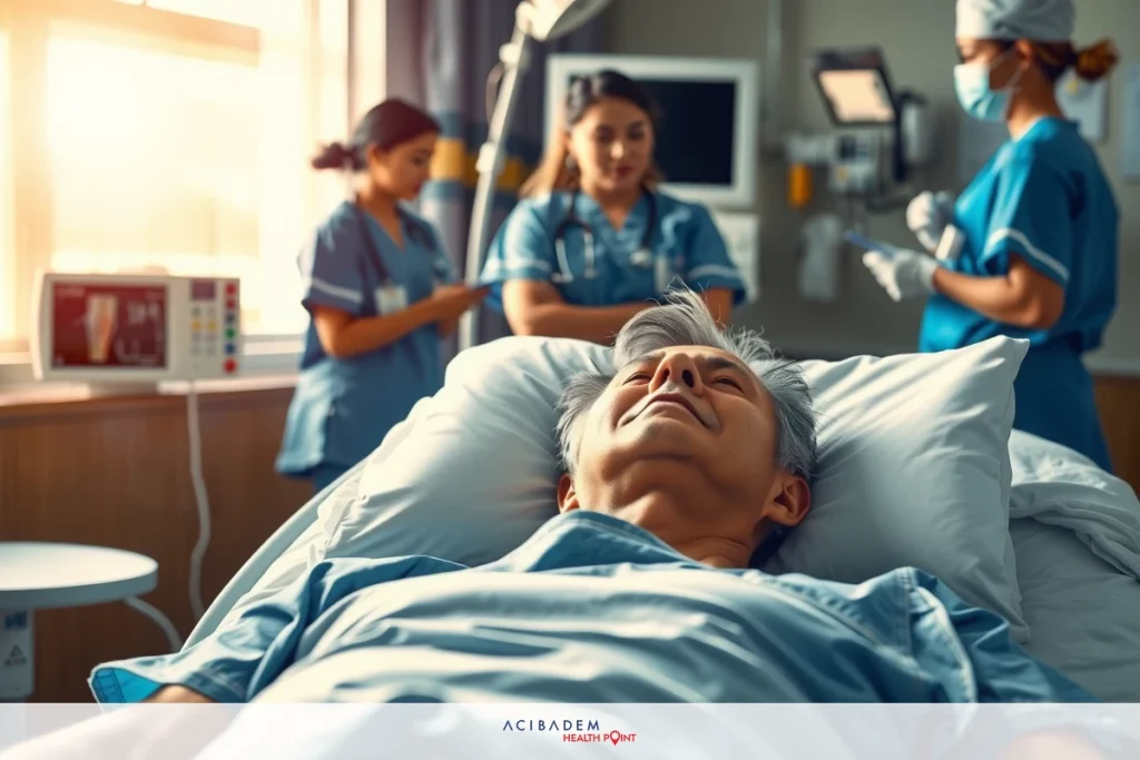 The image depicts a hospital setting with medical personnel attending to a patient who is lying on a stretcher bed. The environment includes various medical equipment and staff wearing standard medical uniforms.