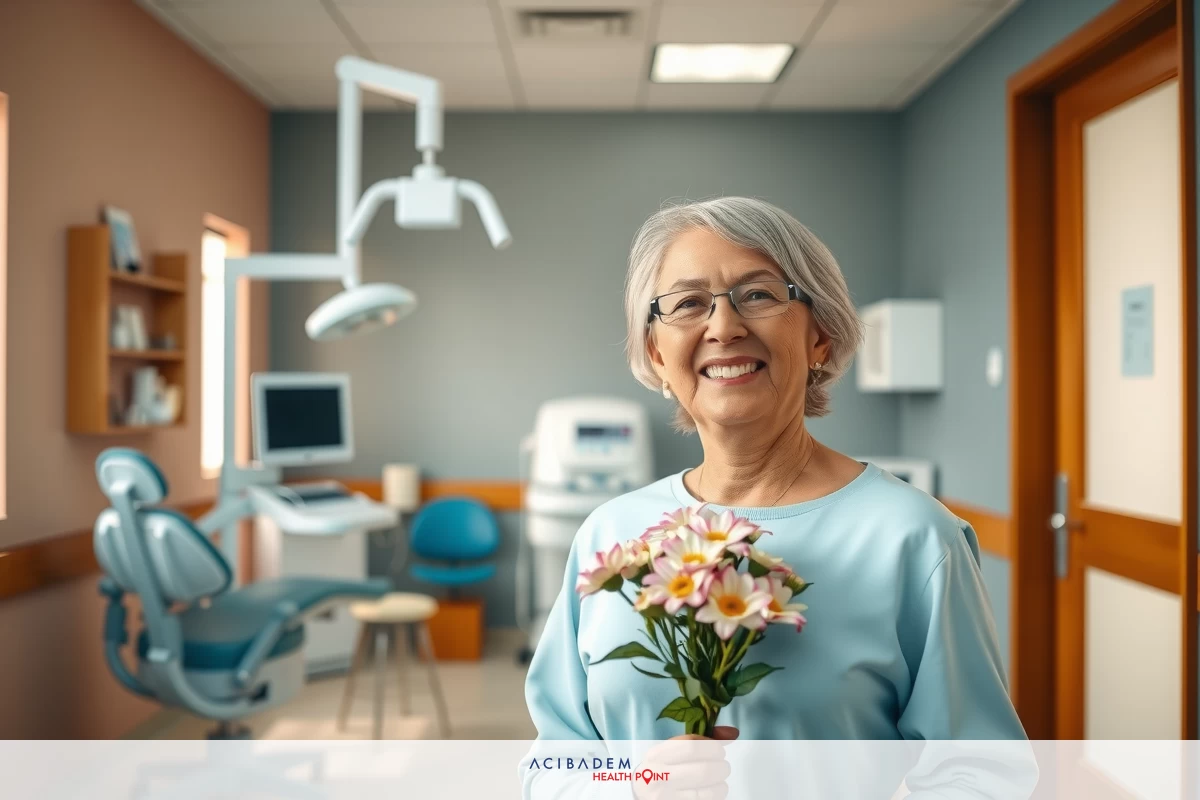 Older woman smiling in medical office setting, holding a bouquet of flowers, wearing blue scrubs. Office environment includes medical equipment and furniture. Bright lighting and clean surroundings.