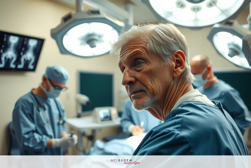 An elderly man in a hospital setting, observing surgical procedures with medical personnel around him. The environment suggests a sterile medical area with multiple screens displaying patient information and x-ray images.