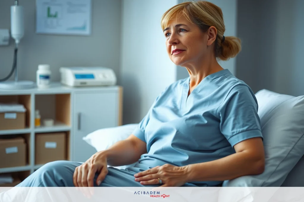 Hospital room with nurse wearing scrubs sitting on a sofa. Medical equipment in background.