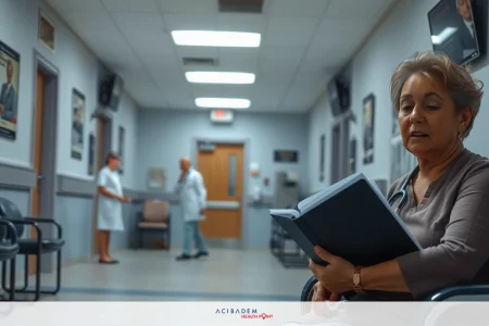 The image portrays a healthcare setting, possibly a hospital or clinic. In the foreground, there is an elderly woman seated and dressed in casual attire.