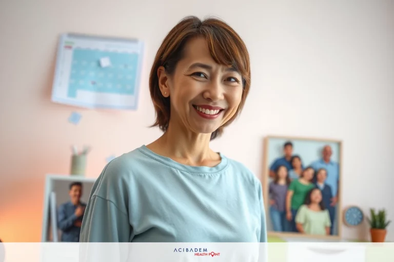 The image shows a woman smiling at the camera. She appears to be in an indoor setting with a whiteboard or calendar on a wall behind her, suggesting she may be in an office or educational environment.