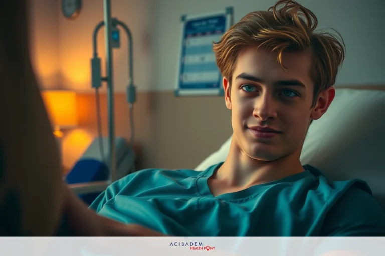 Young male patient in hospital bed with medical professionals attending to him. Hospital room environment indicated by professional medical equipment and gowns.