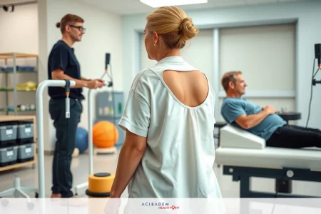 A clinical setting featuring a female patient receiving physical therapy or chiropractic adjustment, flanked by two men.