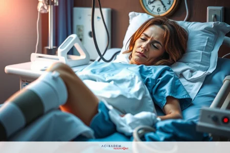 Jaw Pressure: Causes and Health Implications Woman lying on hospital bed with medical equipment. Medical environment suggesting healthcare setting. Emphasis on leg support indicating injury or surgery.