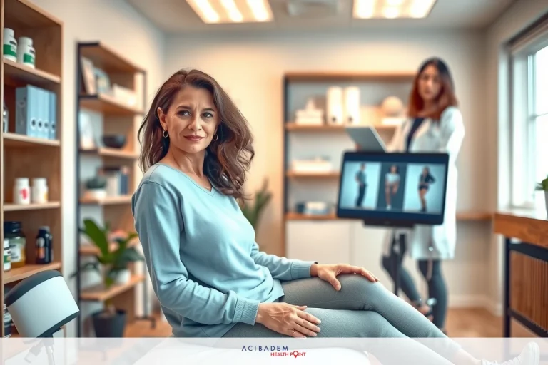 The image depicts a modern medical office setting. There is a woman seated on a table, wearing a blue long-sleeved shirt and jeans.