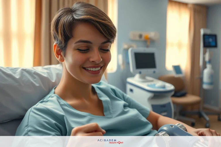 Easing Back Tightness: Daily Care Tips Unveiled Woman in hospital gown, smiling and interacting with medical device such as a portable ultrasound machine or heart rate monitor. She is hooked up to the device with cables. The background suggests a modern medical facility.