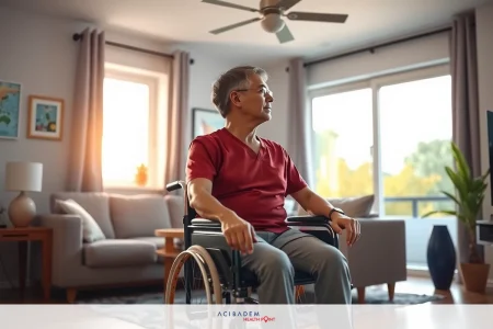 The image depicts an older gentleman using a wheelchair in what appears to be a modern, well-furnished living room. He is wearing a red t-shirt and his hands are resting on the armrests of the wheelchair.