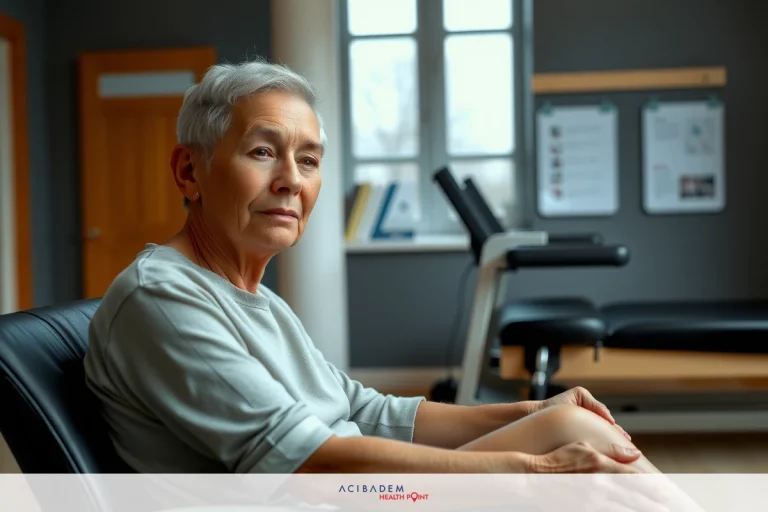 Hand Cramps – Detailed Breakdown Causes and Relief An older woman is sitting in a gym, wearing workout clothes. She appears to be resting or taking a break from exercising. There's an exercise bike and weight bench visible in the background.