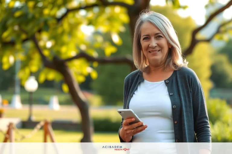 This is an image of a woman standing in the park, looking at her cell phone. She appears to be enjoying some time outdoors. The environment suggests a sunny day with green grass and trees around.